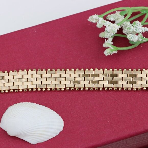 "Wide Rose Gold Bracelet with Textured Interlink & Ball Edge Design, XPBL0873 - Picture 1 of 12